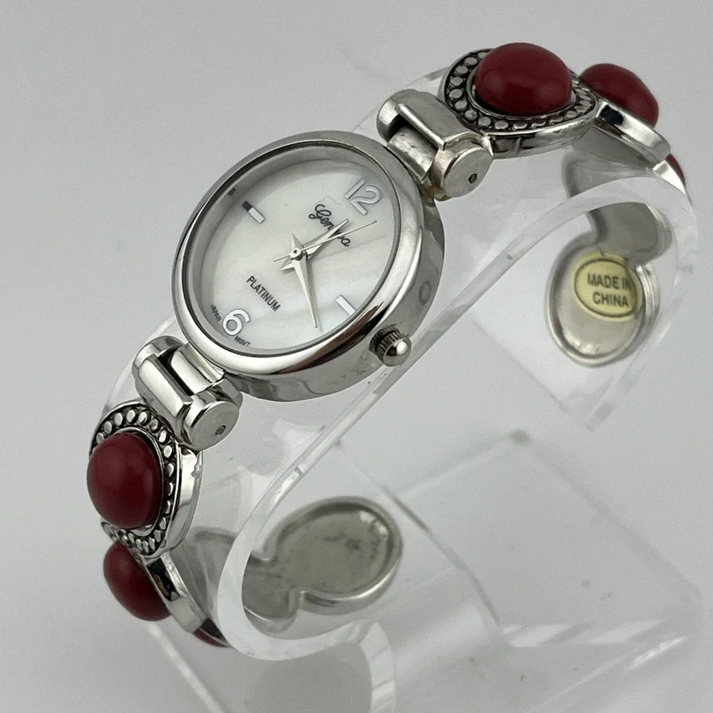 Geneva Platinum Watch Women 28mm Case‎ MOP Dial Bangle Red Accents- New Battery